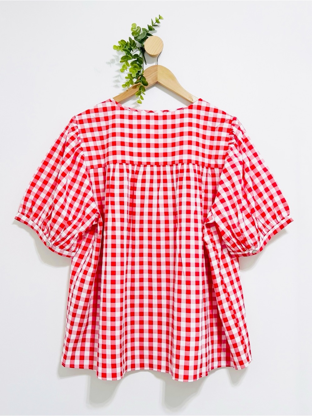 Rose & Olive Red White Check Print Puff Sleeves Romantic Blouse Plus Size - Picture 7 of 8